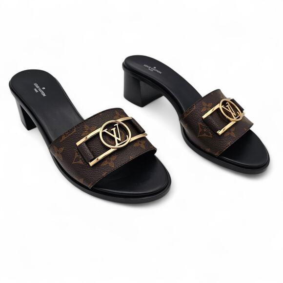 Louis Vuitton Lock It Heel Mule Sandal Monogram Brown Canvas Gold Size 41 US 11 - Picture 2 of 13